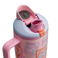 Owala FreeSip Tumbler in Sending Love, pink flip cap open exposing pink FreeSip spout with orange accent over patterned body and pink side handle